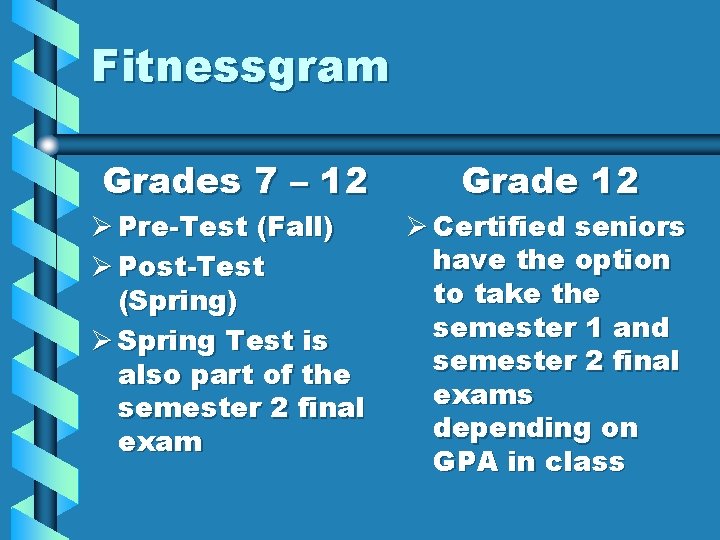 Fitnessgram Grades 7 – 12 Ø Pre-Test (Fall) Ø Post-Test (Spring) Ø Spring Test