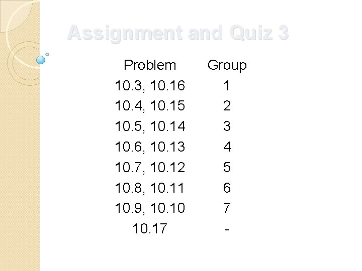 Assignment and Quiz 3 Problem 10. 3, 10. 16 10. 4, 10. 15 10.