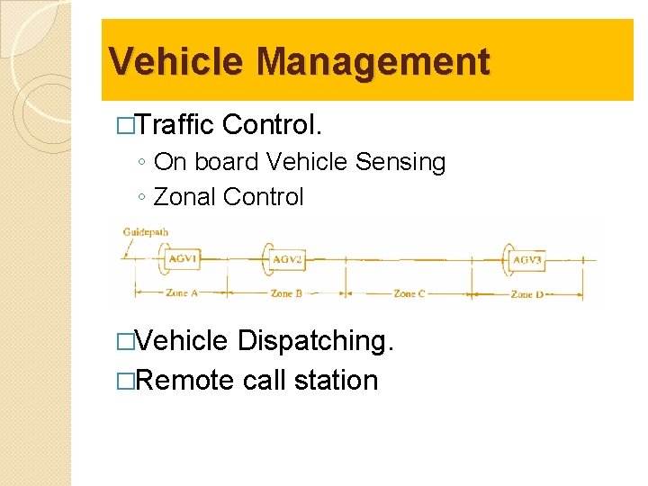 Vehicle Management �Traffic Control. ◦ On board Vehicle Sensing ◦ Zonal Control �Vehicle Dispatching.