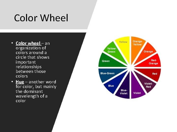 Color Wheel • Color wheel – an organization of colors around a circle that Color Wheel • Color wheel – an organization of colors around a circle that