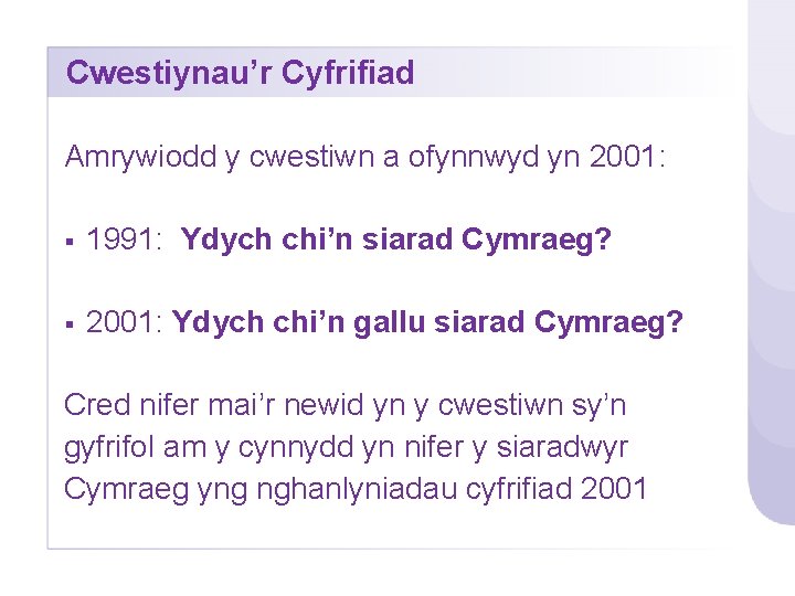 Cwestiynau’r Cyfrifiad Amrywiodd y cwestiwn a ofynnwyd yn 2001: § 1991: Ydych chi’n siarad