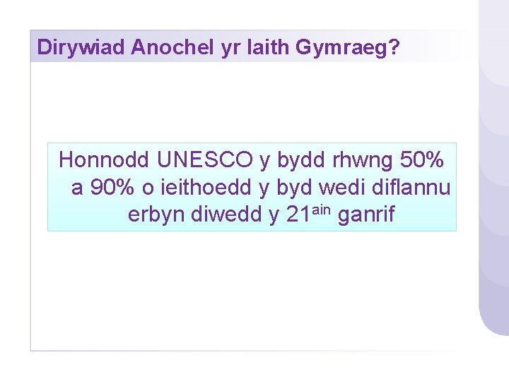 Dirywiad Anochel yr Iaith Gymraeg? Honnodd UNESCO y bydd rhwng 50% a 90% o