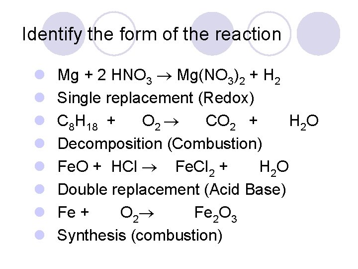 Identify the form of the reaction l l l l Mg + 2 HNO