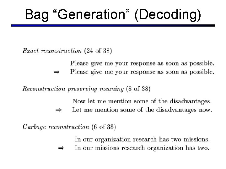 Bag “Generation” (Decoding) Bag “Generation” (Decoding)