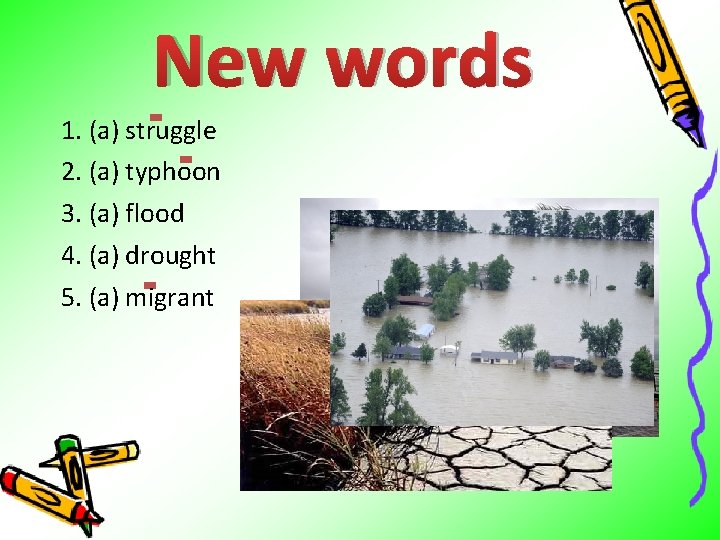 New words 1. (a) struggle 2. (a) typhoon 3. (a) flood 4. (a) drought