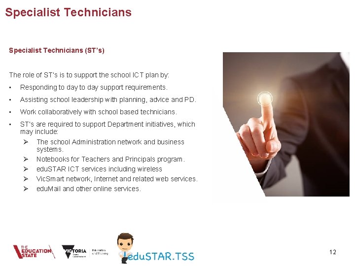Specialist Technicians (ST’s) The role of ST’s is to support the school ICT plan Specialist Technicians (ST’s) The role of ST’s is to support the school ICT plan