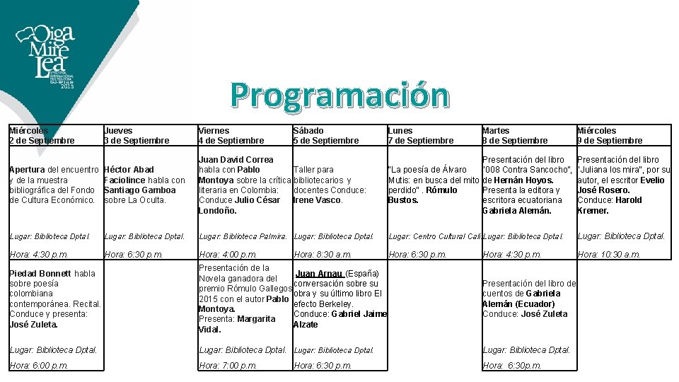 Programación Miércoles 2 de Septiembre Jueves 3 de Septiembre Viernes 4 de Septiembre Sábado