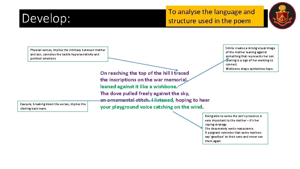 To analyse the language and structure used in the poem Develop: Physical senses, implies