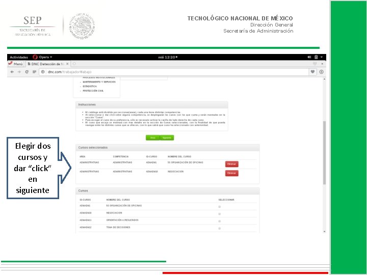 TECNOLÓGICO NACIONAL DE MÉXICO Dirección General Secretaría de Administración Elegir dos cursos y dar