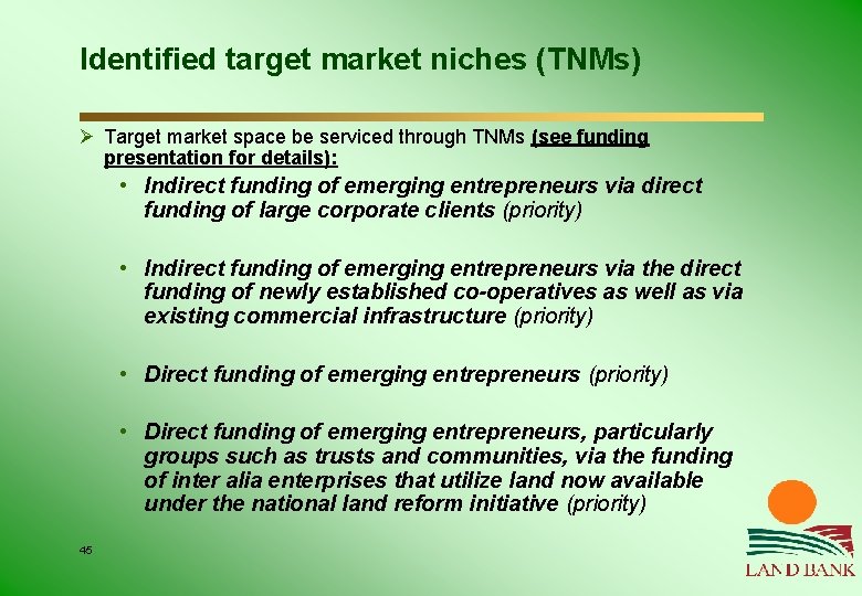 Identified target market niches (TNMs) Ø Target market space be serviced through TNMs (see