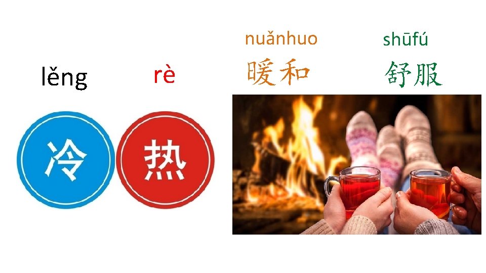 lěng rè nuǎnhuo shūfú 暖和 舒服 