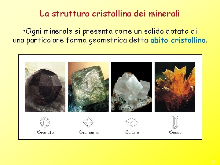 La struttura cristallina dei minerali • Ogni minerale si presenta come un solido dotato