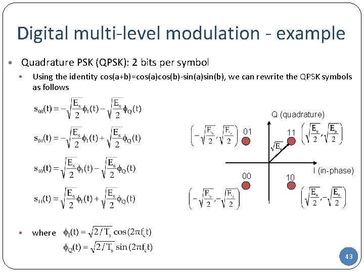 Digital multi-level modulation - example • Quadrature PSK (QPSK): 2 bits per symbol •