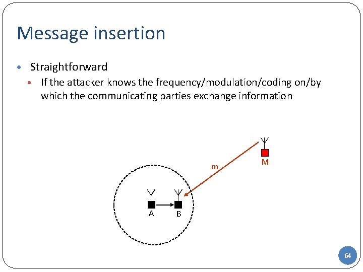 Message insertion • Straightforward • If the attacker knows the frequency/modulation/coding on/by which the