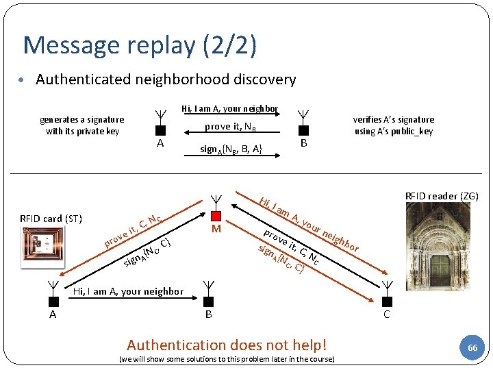 Message replay (2/2) • Authenticated neighborhood discovery Hi, I am A, your neighbor generates