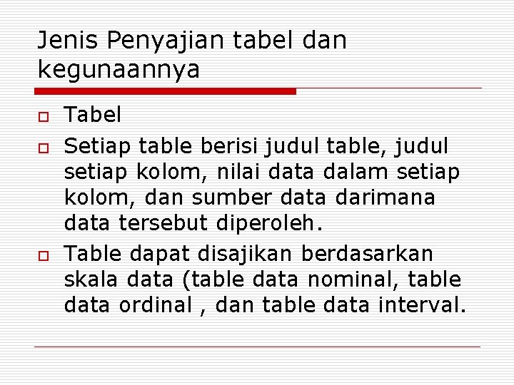 Jenis Penyajian tabel dan kegunaannya o o o Tabel Setiap table berisi judul table,