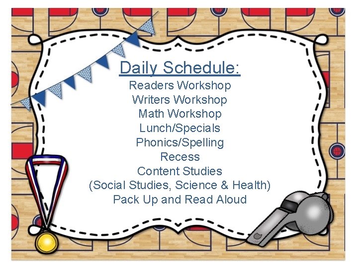 Daily Schedule: Readers Workshop Writers Workshop Math Workshop Lunch/Specials Phonics/Spelling Recess Content Studies (Social