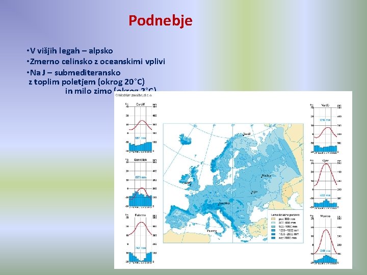 Podnebje • V višjih legah – alpsko • Zmerno celinsko z oceanskimi vplivi •