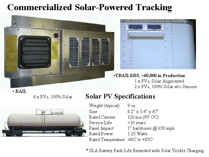 Commercialized Solar-Powered Tracking • TRAILERS, >60, 000 in Production 1 x PVs, Solar Augmented