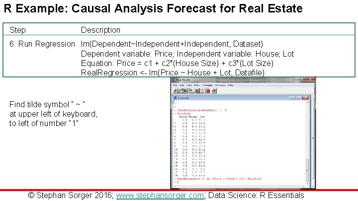 R Example: Causal Analysis Forecast for Real Estate Step Description 6. Run Regression lm(Dependent~Independent+Independent,