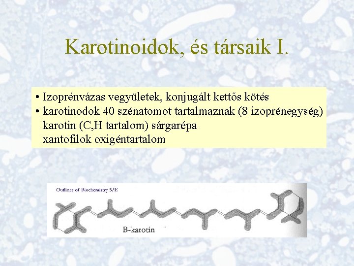 Karotinoidok, és társaik I. • Izoprénvázas vegyületek, konjugált kettős kötés • karotinodok 40 szénatomot
