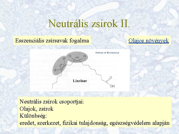 Neutrális zsírok II. Esszenciális zsírsavak fogalma Olajos növények Neutrális zsírok csoportjai: Olajok, zsírok Különbség: