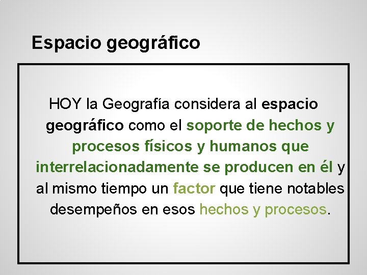Espacio geográfico HOY la Geografía considera al espacio geográfico como el soporte de hechos