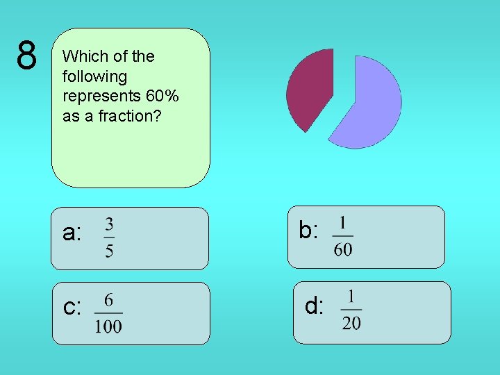 8 Which of the following represents 60% as a fraction? a: b: c: d: