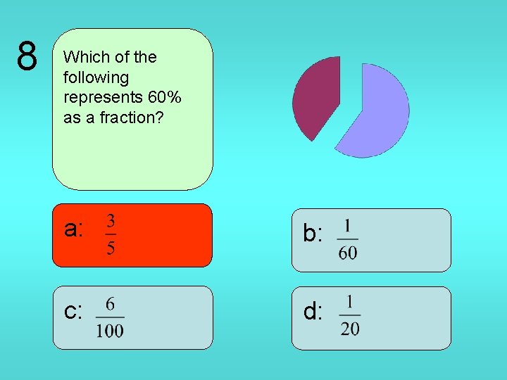 8 Which of the following represents 60% as a fraction? a: b: c: d: