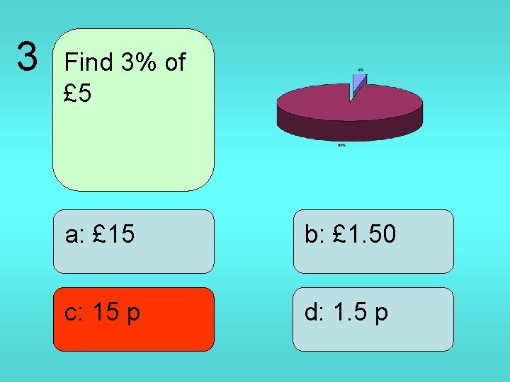 3 Find 3% of £ 5 a: £ 15 b: £ 1. 50 c: