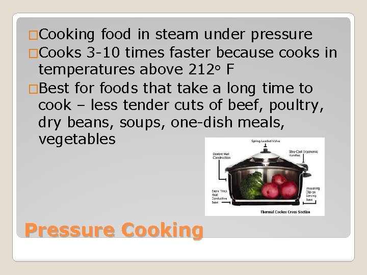 �Cooking food in steam under pressure �Cooks 3 -10 times faster because cooks in
