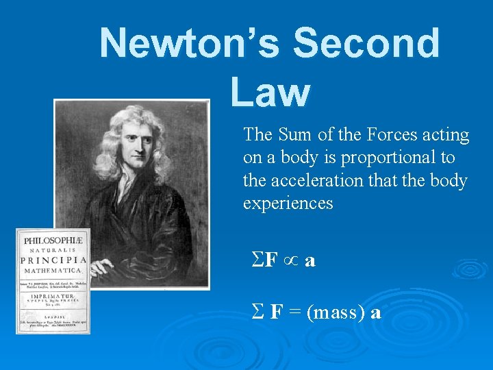 Newton’s Second Law The Sum of the Forces acting on a body is proportional