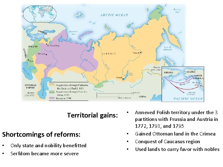 Territorial gains: Shortcomings of reforms: ▪ ▪ Only state and nobility benefitted Serfdom became