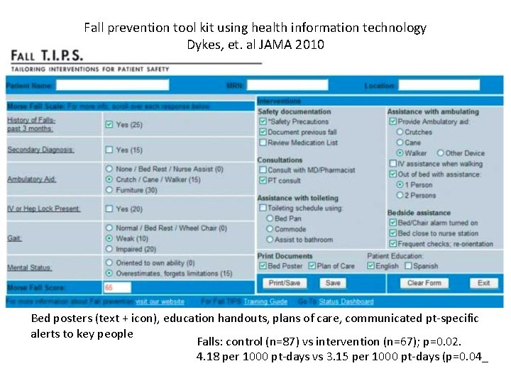 Fall prevention tool kit using health information technology Dykes, et. al JAMA 2010 Bed