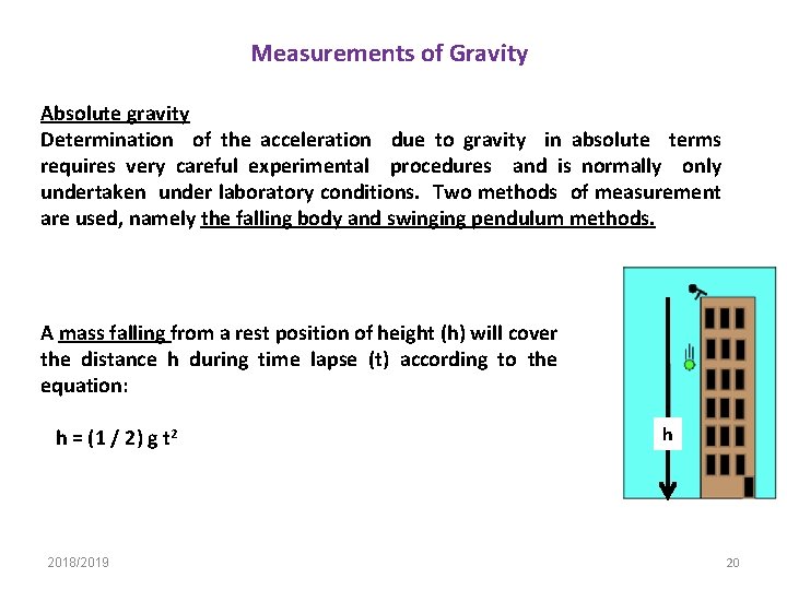 Measurements of Gravity Absolute gravity Determination of the acceleration due to gravity in absolute