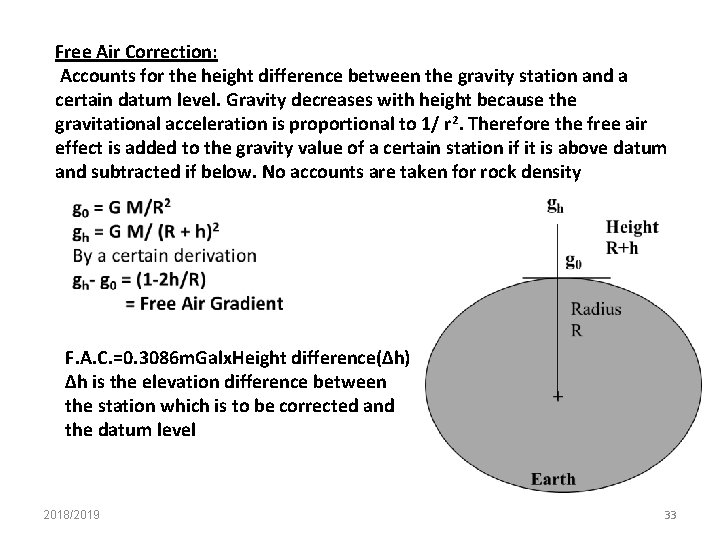 Free Air Correction: Accounts for the height difference between the gravity station and a