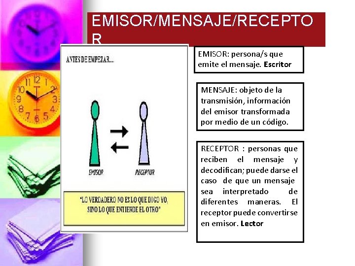 EMISOR/MENSAJE/RECEPTO R EMISOR: persona/s que emite el mensaje. Escritor MENSAJE: objeto de la transmisión,