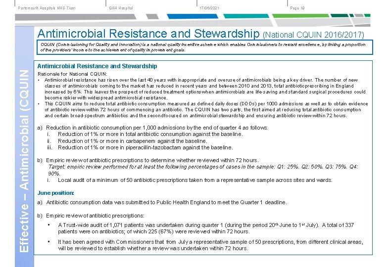 Portsmouth Hospitals NHS Trust QAH Hospital 17/06/2021 Page 19 Antimicrobial Resistance and Stewardship (National
