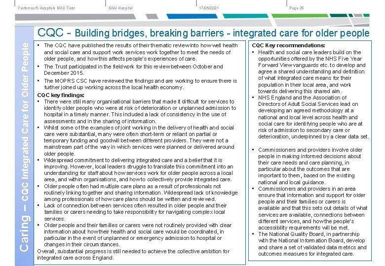 Portsmouth Hospitals NHS Trust QAH Hospital 17/06/2021 Page 25 Caring – CQC Integrated Care