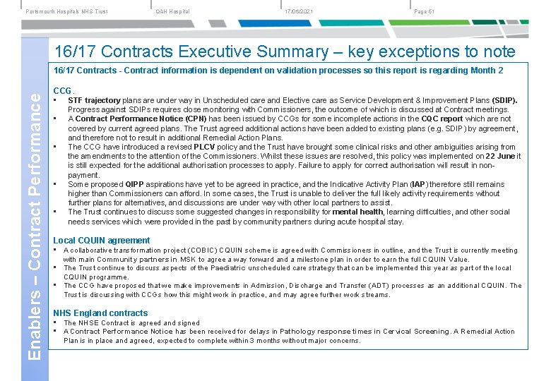 Portsmouth Hospitals NHS Trust QAH Hospital 17/06/2021 Page 51 16/17 Contracts Executive Summary –