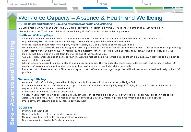 Portsmouth Hospitals NHS Trust QAH Hospital 17/06/2021 Page 58 Safe – Absence and Wellbeing