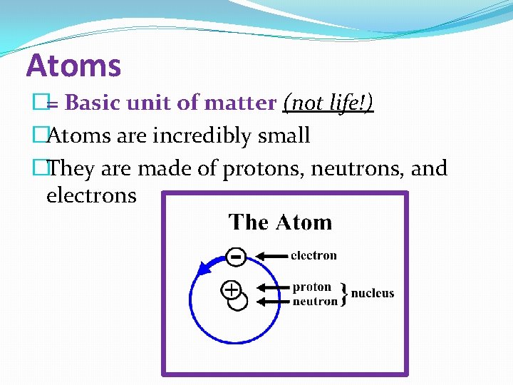 Atoms �= Basic unit of matter (not life!) �Atoms are incredibly small �They are