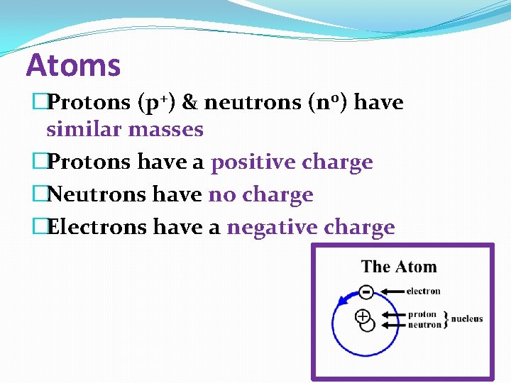 Atoms �Protons (p+) & neutrons (n 0) have similar masses �Protons have a positive