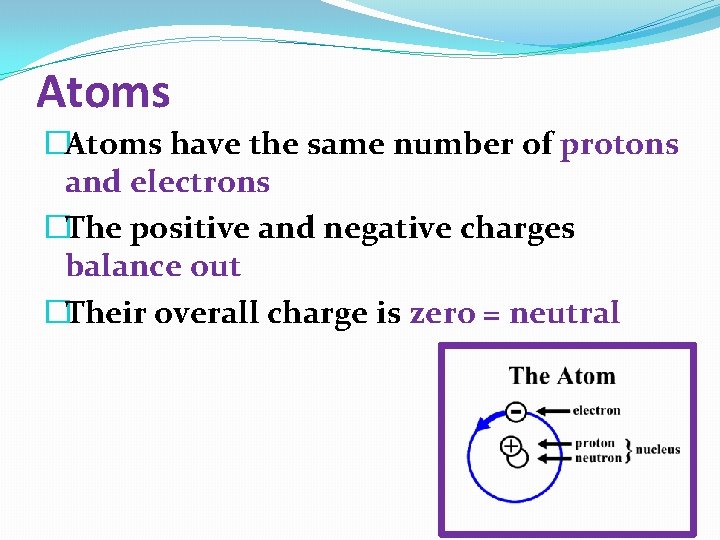 Atoms �Atoms have the same number of protons and electrons �The positive and negative