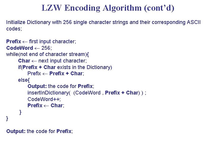 LZW Encoding Algorithm (cont’d) Initialize Dictionary with 256 single character strings and their corresponding