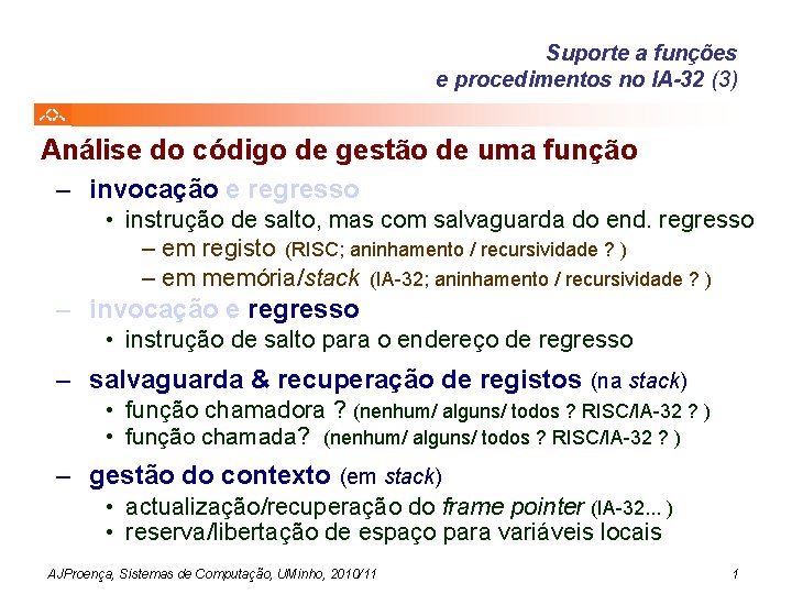 Suporte a funções e procedimentos no IA-32 (3) Análise do código de gestão de