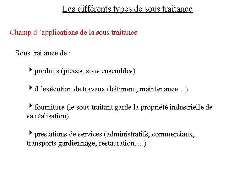 Les différents types de sous traitance Champ d ’applications de la sous traitance Sous