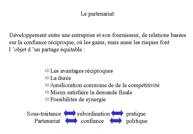 Le partenariat: Développement entre une entreprise et son fournisseur, de relations basées sur la