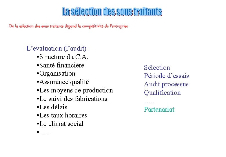 De la sélection des sous traitants dépend la compétitivité de l’entreprise L’évaluation (l’audit) :