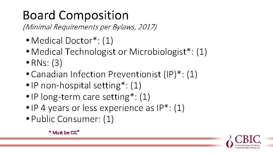 Board Composition (Minimal Requirements per Bylaws, 2017) • Medical Doctor*: (1) • Medical Technologist